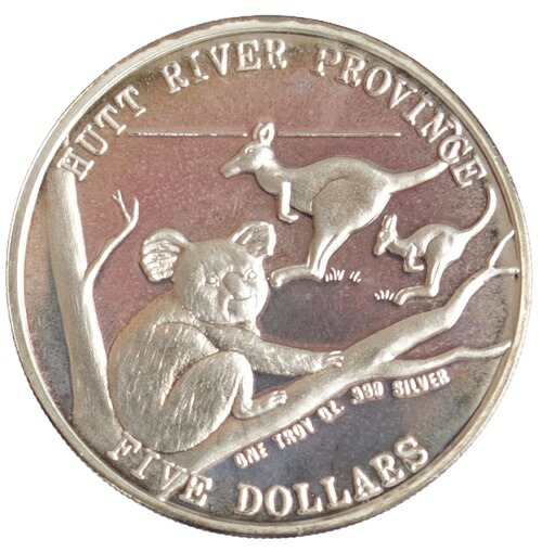 オーストラリア<br> ハット・リバー公国　<br>コアラ・カンガルー　<br>5ドル銀貨<br>1990年