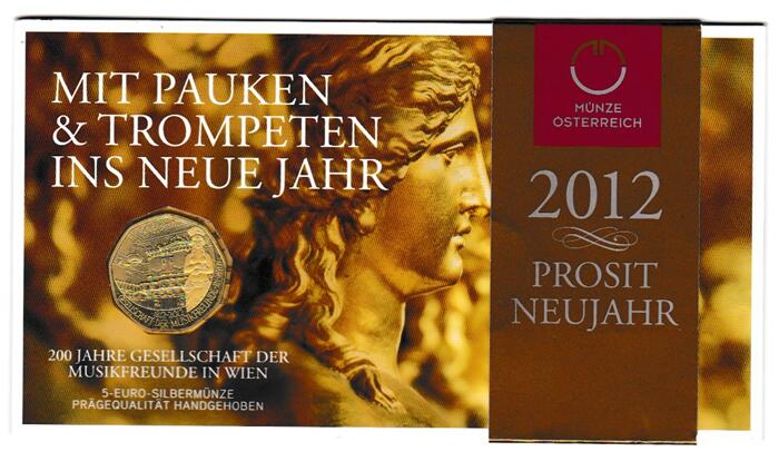 オーストリア<br>mit pauken & trompeten ins neue jahr <br>5ユーロ銀貨　<br>2012年