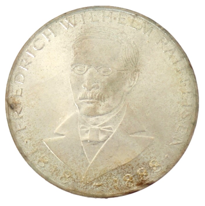 ドイツ　 フリードリヒ・ライファイゼン生誕150周年記念　 5マルク銀貨　 1968年　 未使用