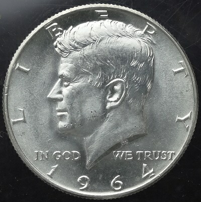 アメリカ　<br>ケネディ50セント銀貨　<br>1964年（D）