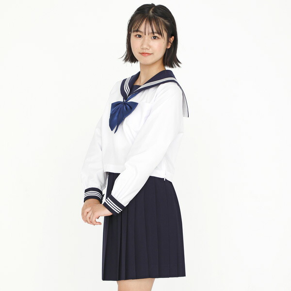 KURI-ORI★クリオリ大きいサイズ白セーラートップス・紺エリ長袖ふくよかタイプ165B・175B合服セーラー服KR8181【日本製】【送料無料】
