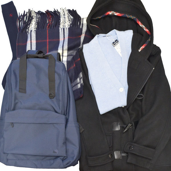 【M/Lサイズ福袋】女子用ダッフルコート福袋黒 見返しパイピング フード一体型 ファスナー＆トグルボタンで防寒性アップ！&be機能性スクールリュック+OLIOLIコットンカーデ＋アクリルストールマフラー+ソックス計5点！ 送料無料 スクールコートDFLFB-BL1｜スクールグッズ・ＫＵＲＩ-ＯＲＩ