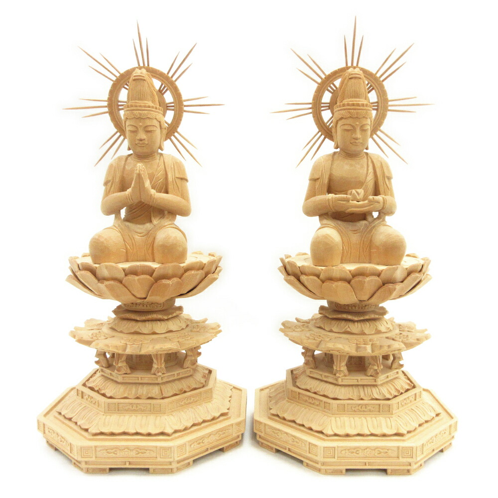仏像 聖観音菩薩 勢至菩薩 座像 大和座 3.0寸 一対 放射光背 八角台 桧木