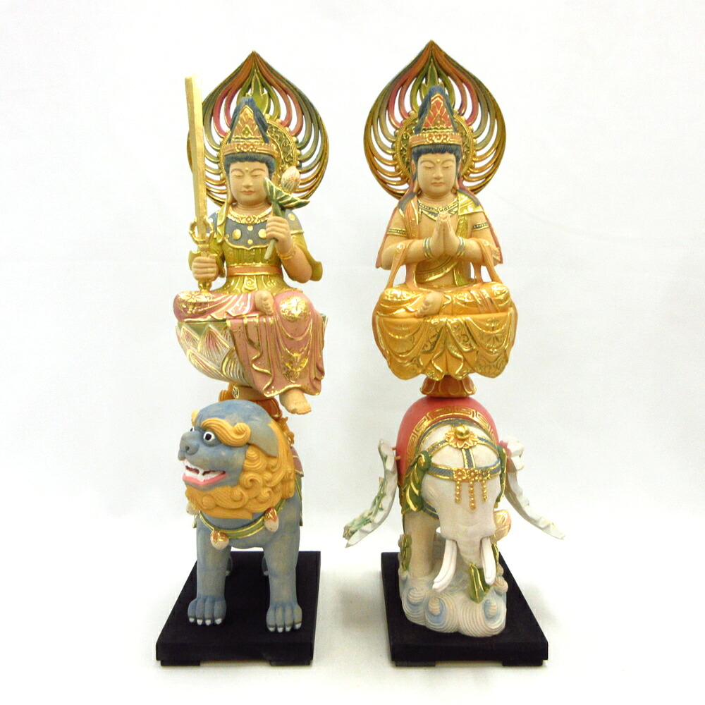仏像 文殊菩薩（獅子座） 普賢菩薩（象座合掌形） 一対 3.5寸 宝珠光背 桧木淡彩色