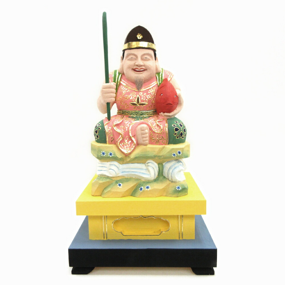 栗田仏像ブランド諸天神 恵比須天 (総高30cm（竿込み40cm）、幅17.5cm、奥行き15.5cm) 俵座四角台彩色 桧木製高級木彫り ｜栗田こだわり仏像 諸天神 大黒・恵比須天像一対（総高約