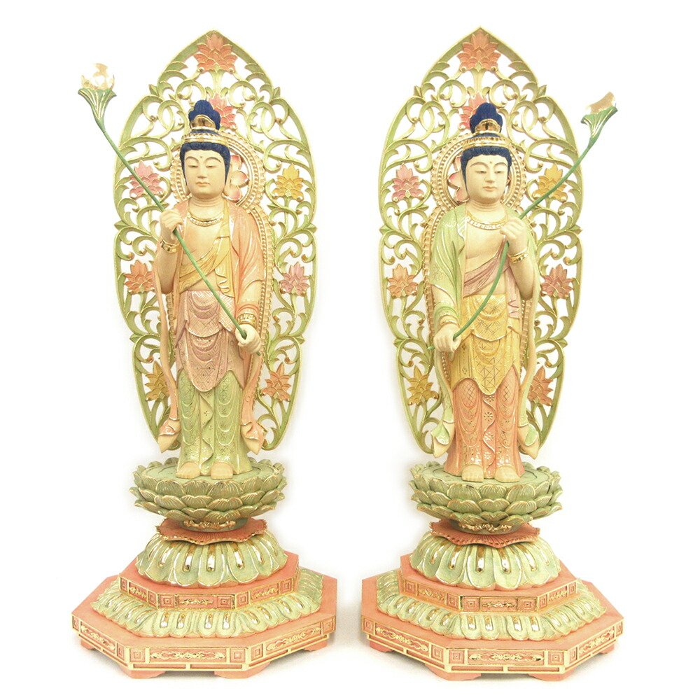 独特の上品 仏像 日光菩薩 月光菩薩 立像 4.0寸 一対 放射光背 円台