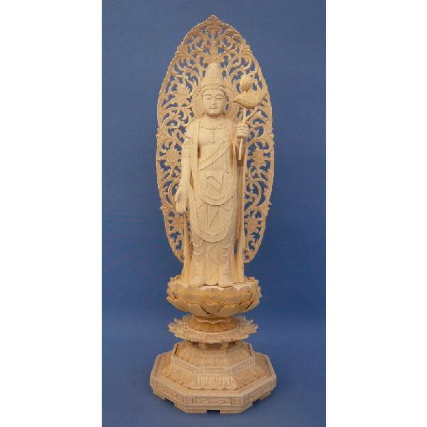 仏像 聖観音菩薩 観音菩薩 観世音菩薩 観自在菩薩 観音様 立像 身丈1尺 総高60cm 草光背 八角台 桧木 木彫り仏像 木製 六観音 大型 寺院用 お寺 仏具 檜 ヒノキ|栗田こだわり仏像専門店