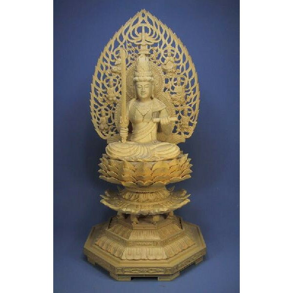 木彫仏像/文殊菩薩身丈6寸総高60cm飛天光背八角台桧木