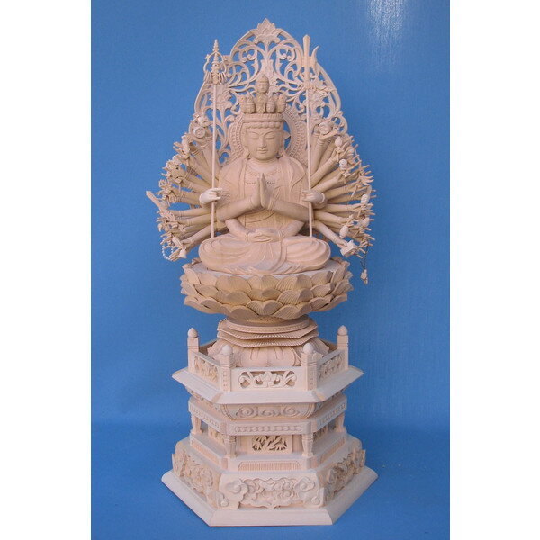 仏像 千手観音菩薩 千手観音 千手観音像 観音菩薩 観音様 座像 身丈8.0寸 総高90cm 草光背 六角台 桧木 木彫り仏像 木製 六観音 大型 寺院用 お寺 仏具 檜 ヒノキ｜栗田こだわり仏像専門店