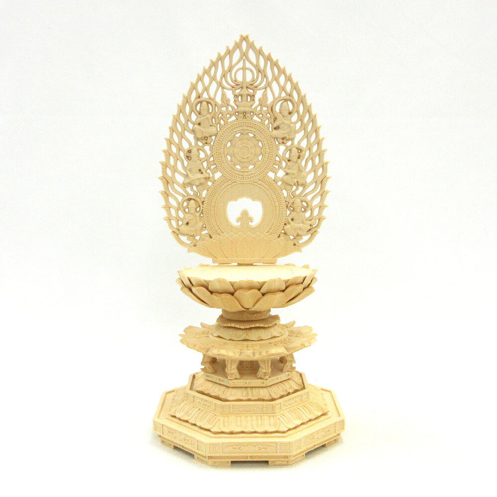 木製仏具 八角台座 座像身丈3.0寸用 飛天光背付き 総高31cm 桧木