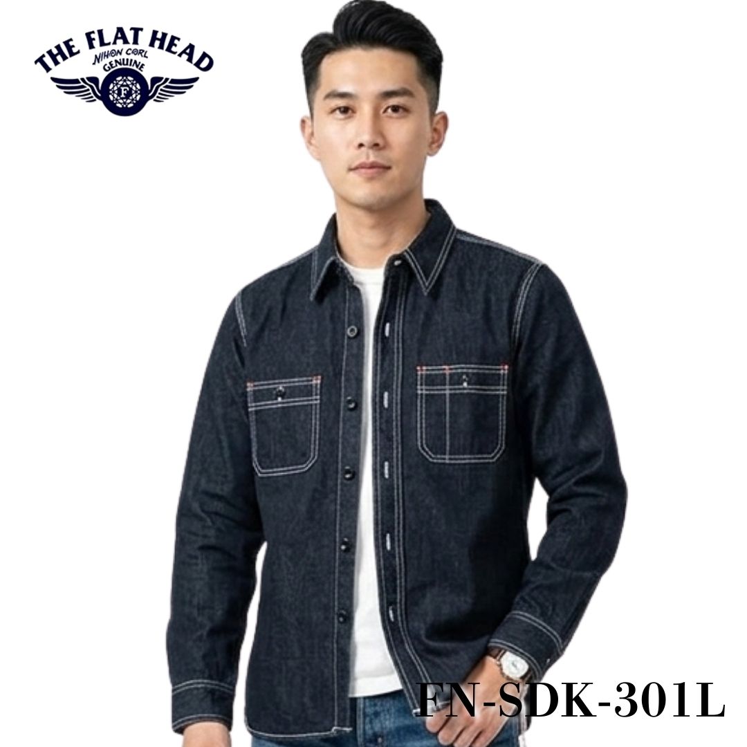 THE FLAT HEAD 10薬局衡オンス ジーンズ 細工物プルオーバー FN-SDK-301L 米国海軍 紺 金属元素名取り草 日本製 綿織物100％