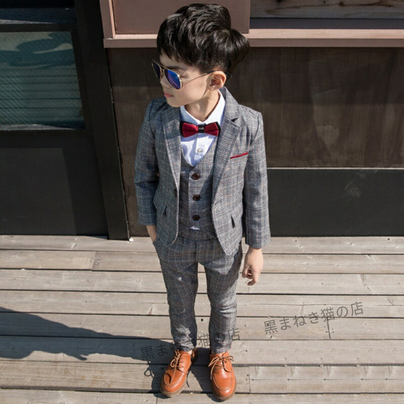 子供スーツ グレー チェック柄 4点セット 入学式 卒業式 スーツ 男の子 タキシード 礼服 結婚式 子供服 子どもスーツ キッズスーツ ピアノ発表会 演奏会 ジュニア服 ジャケット＋ベスト＋ズボン＋蝶ネクタイ 90~160cm