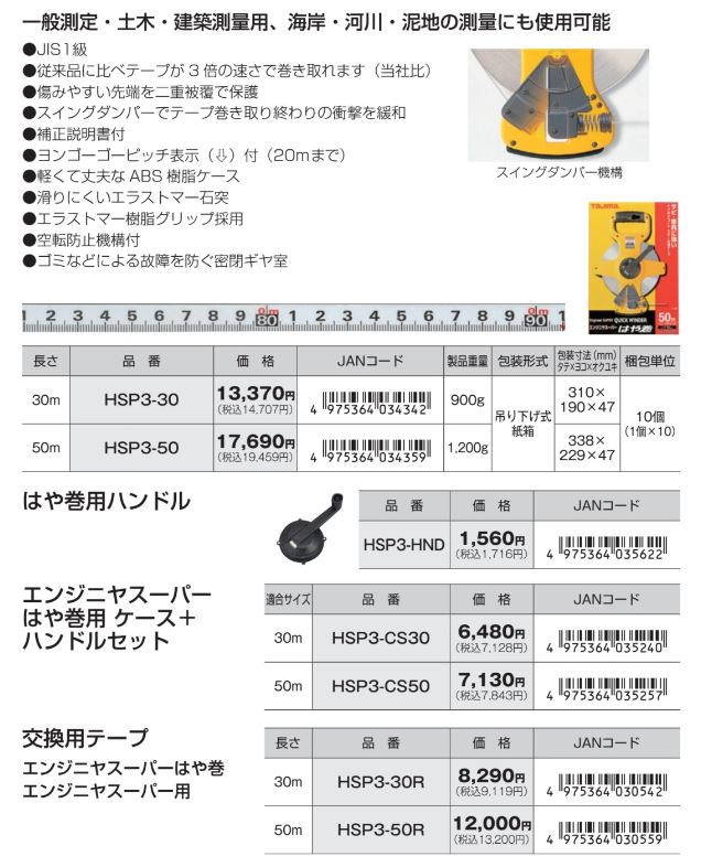 ラッピング不可】 TAJIMA タジマ HSP 3 CS 50 エンジニヤ スーパー はや巻 用 ケース ハンドルセット のみ 50m ロード  メジャー 測定工具 巻尺 JIS 1級 空転防止 ナイロン コート modultech.pl