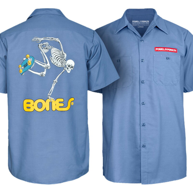 POWELL PERALTA パウエルペラルタ SKATEBOARD SKELTON WORK SHIRT 半袖細工物プルオーバー POSTAL BLUE