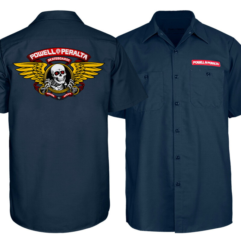 POWELL PERALTA パウエルペラルタ WINGED RIPPER WORK SHIRT 半袖細工物プルオーバー NAVY