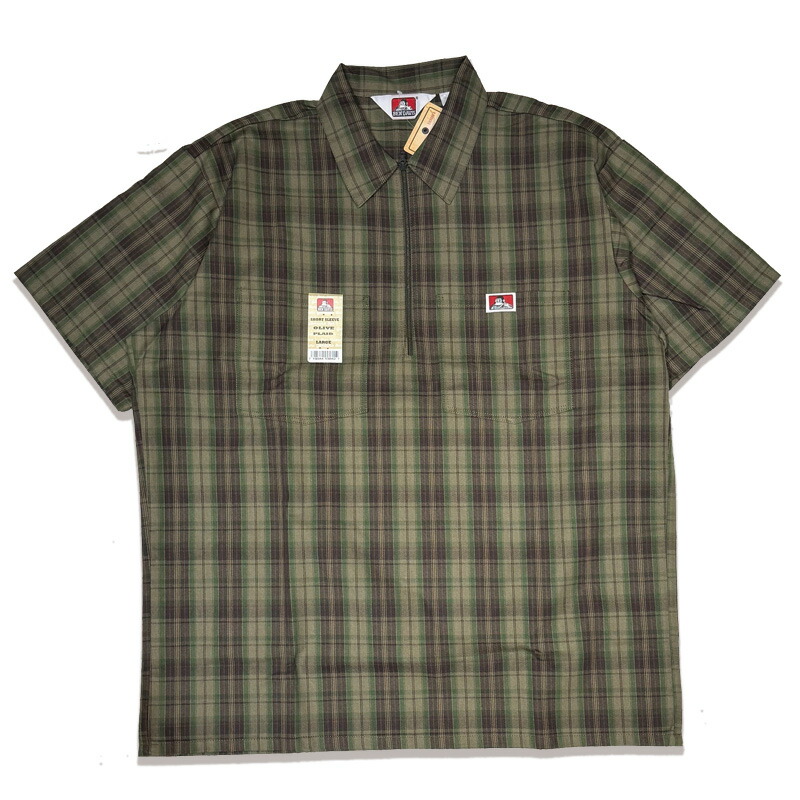 BEN DAVIS HALF ZIP ハーフジップ 半袖細工物プルオーバー #138 PLAID OLIVE CHECK プルオーバー