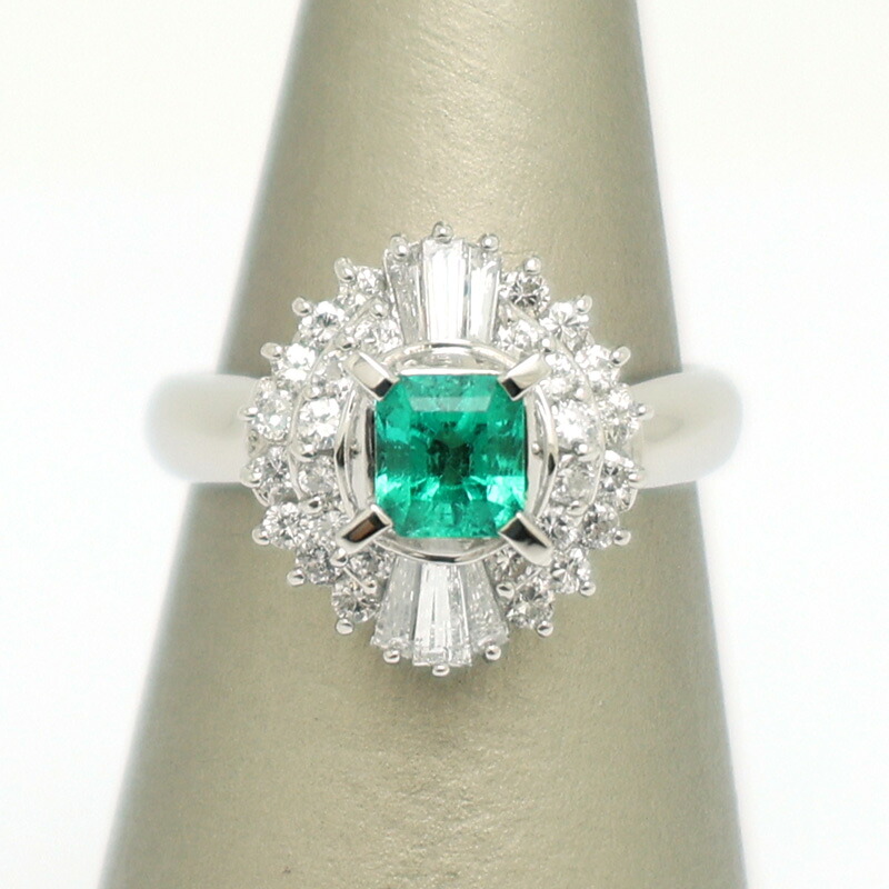 【楠本質店/元住吉】Pt900　エメラルド＆ダイヤ リング　エメラルド0.65ct/ダイヤ0.79ct　15.5号【中古】