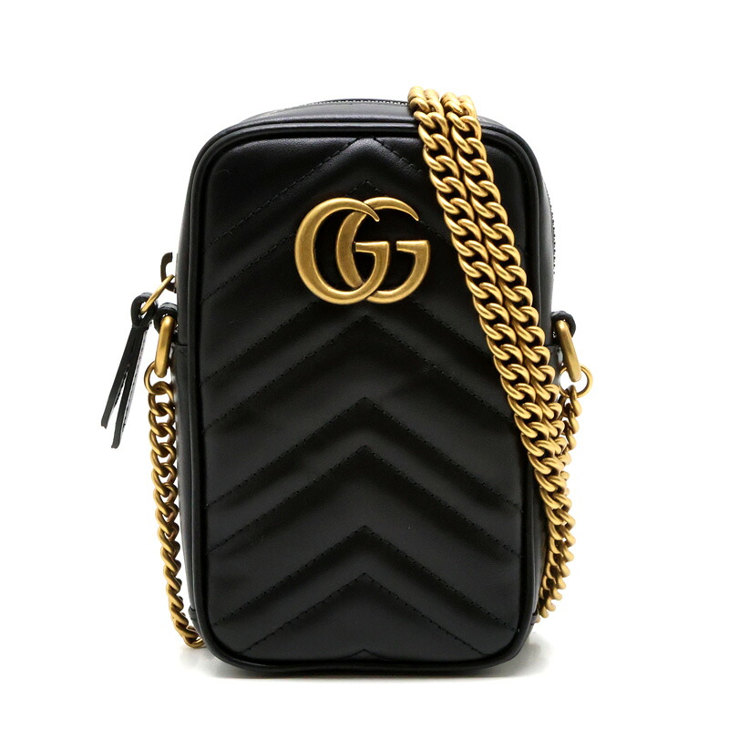 【楠本質店/元住吉】未使用品　グッチ/GUCCI　GGマーモント　598597　レザー　チェーンショルダーバッグ　ブラック/ゴールド金具　レディース【中古】
