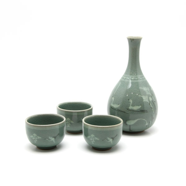 【楠本質店/元住吉】柳海剛 徳利 ぐい呑み3客 茶器セット 青磁 木箱付【中古】