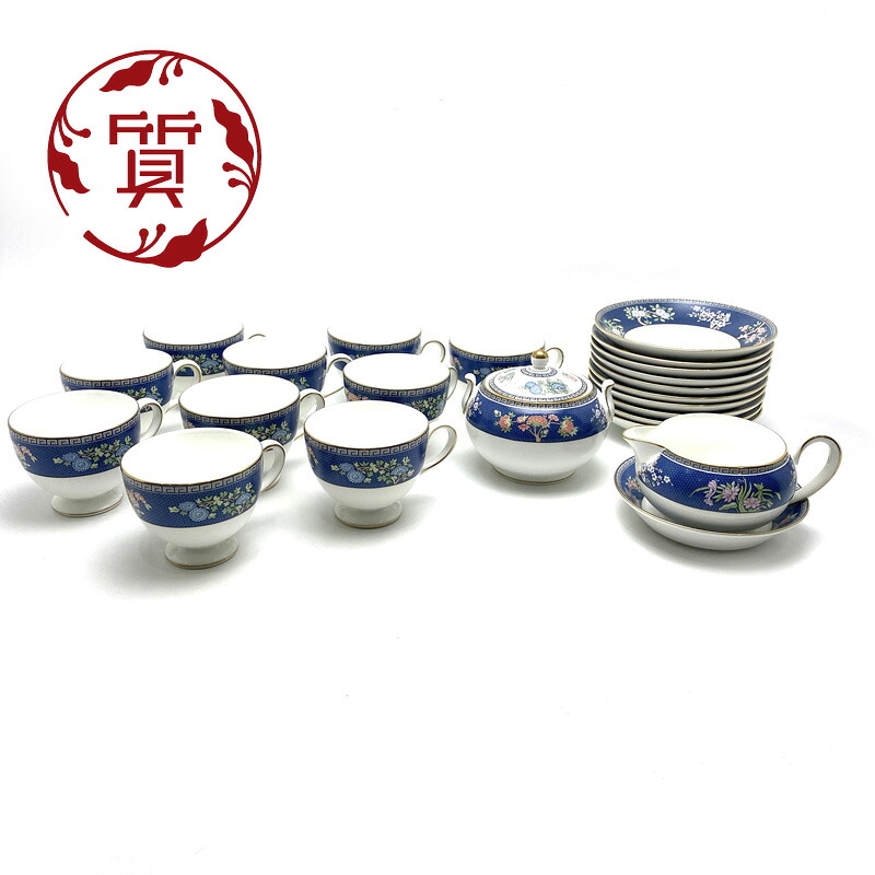 【楠本質店/元住吉】Wedgwood/ウェッジウッド ブルーサイアム 珈琲優勝杯＆平円盤10客書き割り・ミルクポット・シュガーポット メイドインイングランド【中古】