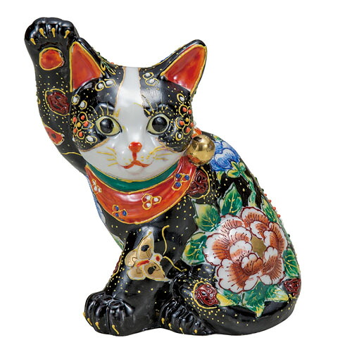 九谷焼 置物 5.5号招き猫 黒盛 花と蝶 ギフト 新築御祝 プレゼント 個人用 結婚祝い 贈り物 出産 内祝い 引き出物 金婚式 誕生日プレゼント 還暦祝い 古希 喜寿 米寿 風水 開運