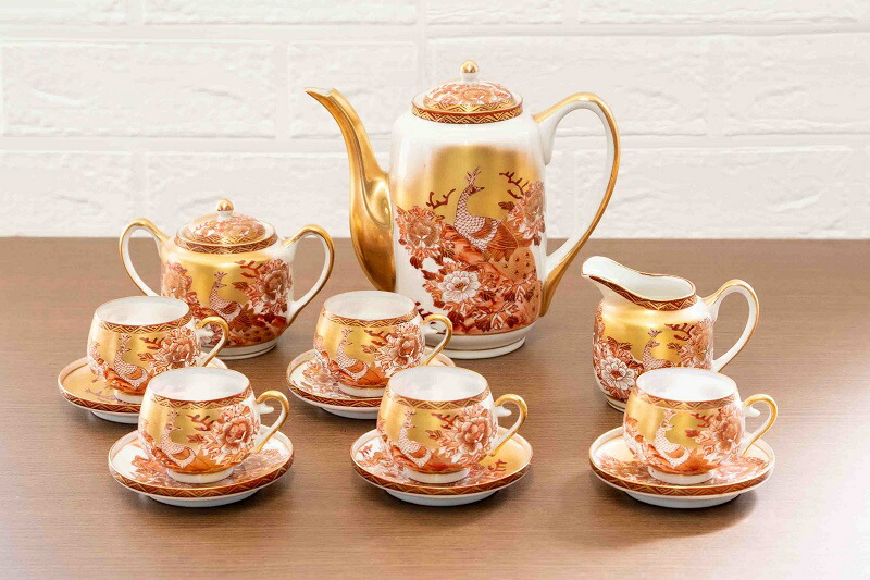 九谷焼 赤絵 孔雀牡丹 デミタスコーヒー揃 アンティーク 骨董 カップ＆ソーサー ティーポット ミルクピッチャー シュガーポット