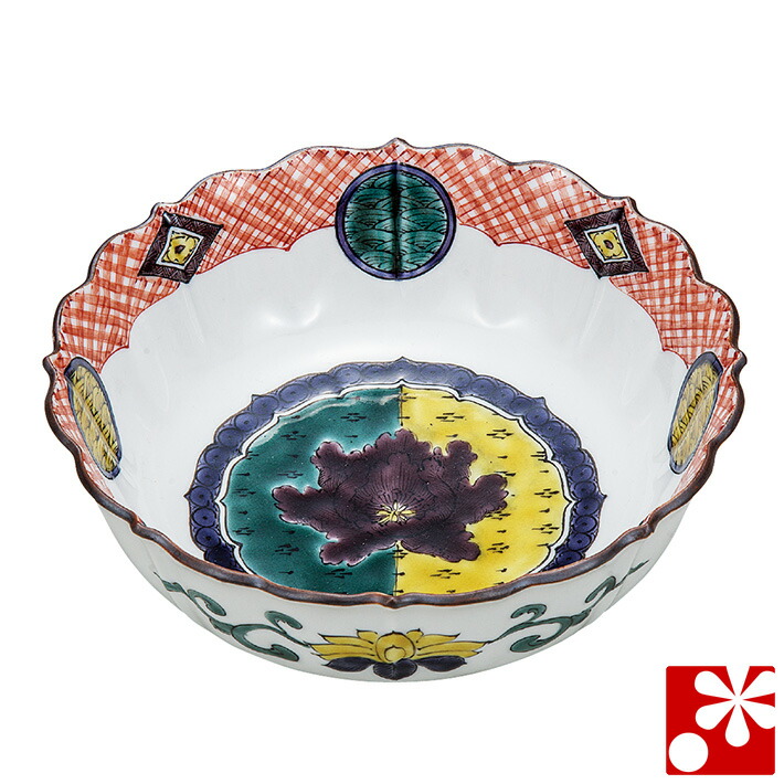 九谷焼 煮物鉢 色絵牡丹文 銀泉窯（径 約18cm）（ 和食器 中鉢 ）
