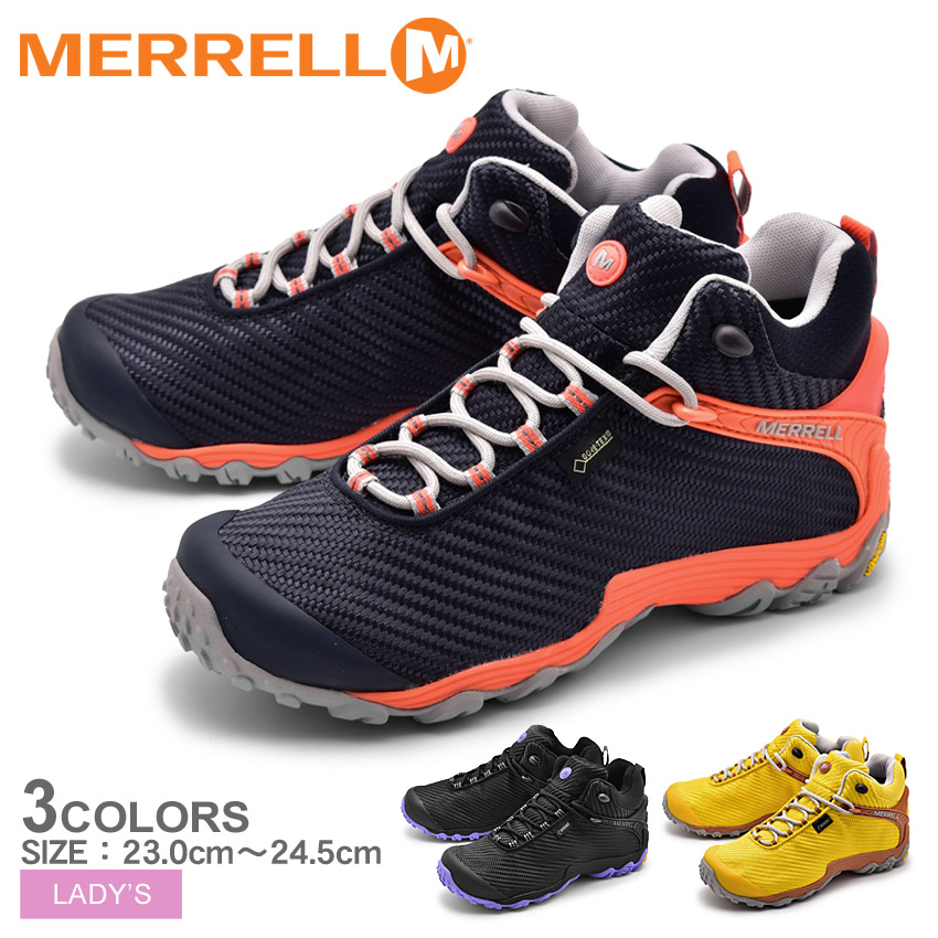 コンビニ受取対応商品 週末セール開催 メレル Merrell カメレオン7 ストーム ミッド ゴアテックス トレッキングシューズ レディース アウトドア トレッキング 登山 ハイキング 防水 ブラック ネイビー イエロー 黒 黄 Chameleon7 Storm Mid Gore Tex J J311