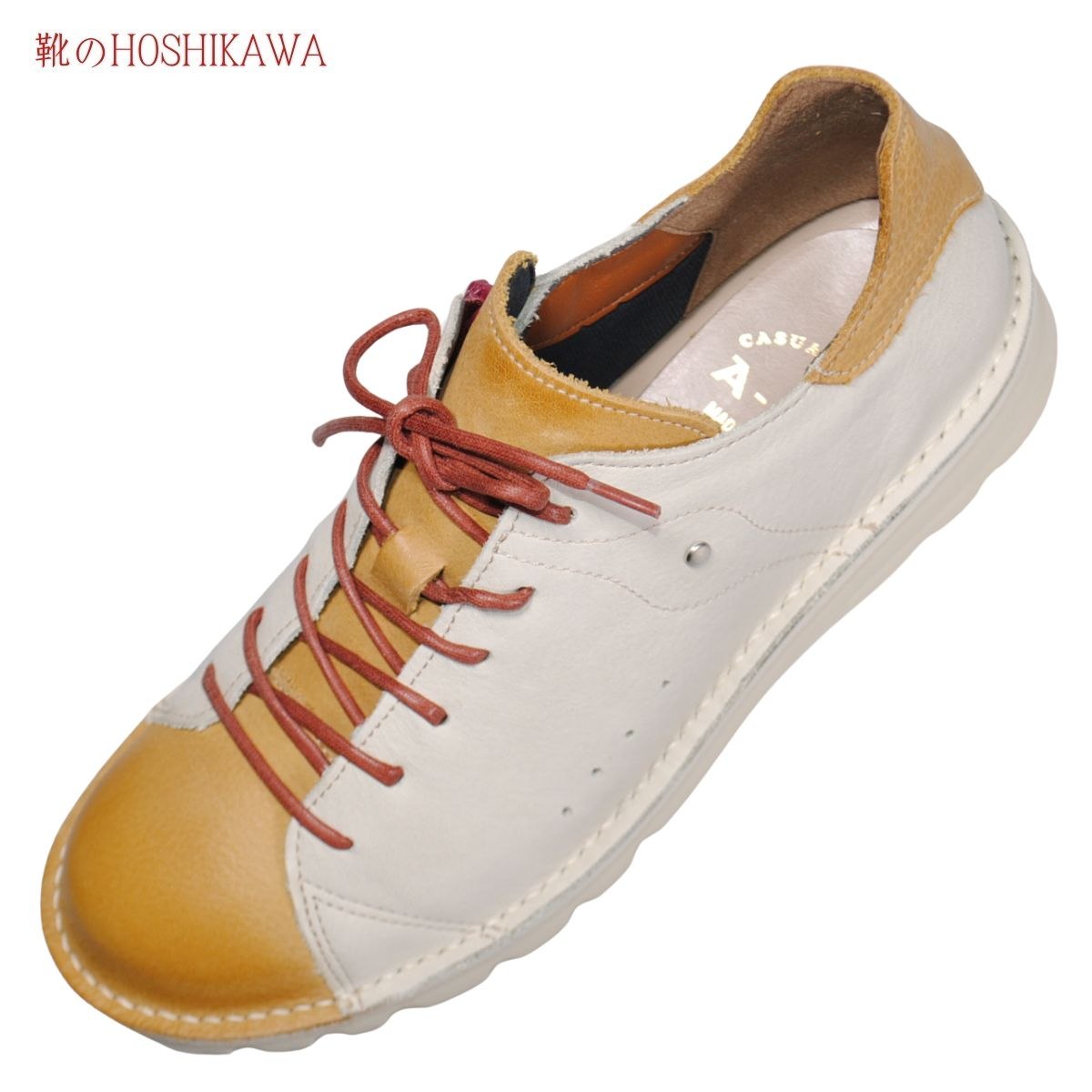 『A-聞き入れる W7091』 21.5糎～25糎 EEEE エーオーケー YELLOW/AZURE/YELLOW なめし革スニーカー 撥水産業 チャック 厚底 スピード競技引きあげる 牛皮