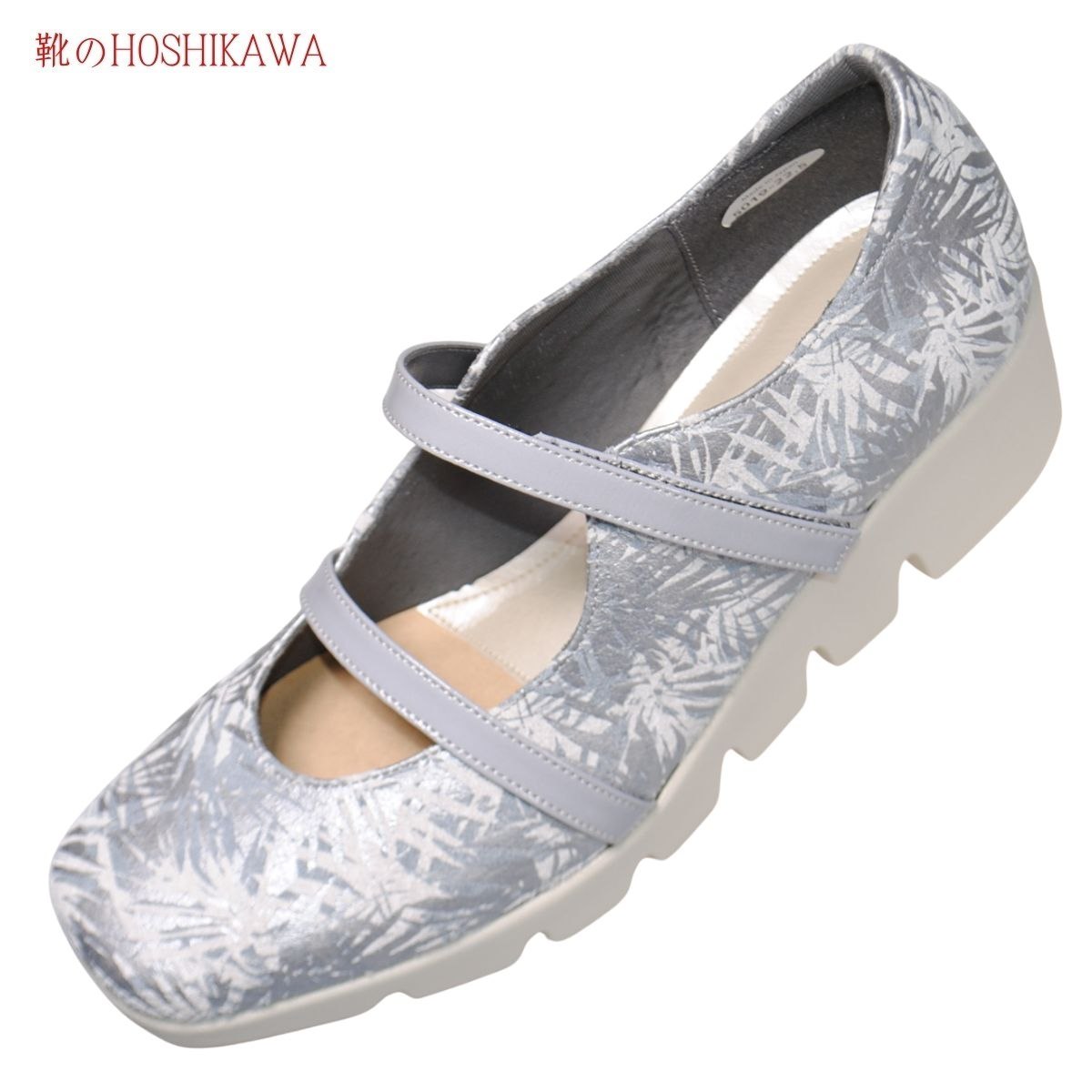 『Dona Miss 5019』 21.5cm～24.5cm EEE ドナミス ウェッジソールパンプス シルバーコンビ レディース ウェッジヒール ベルクロ 波状ソール 二本ベルト 幅広 牛革 国産