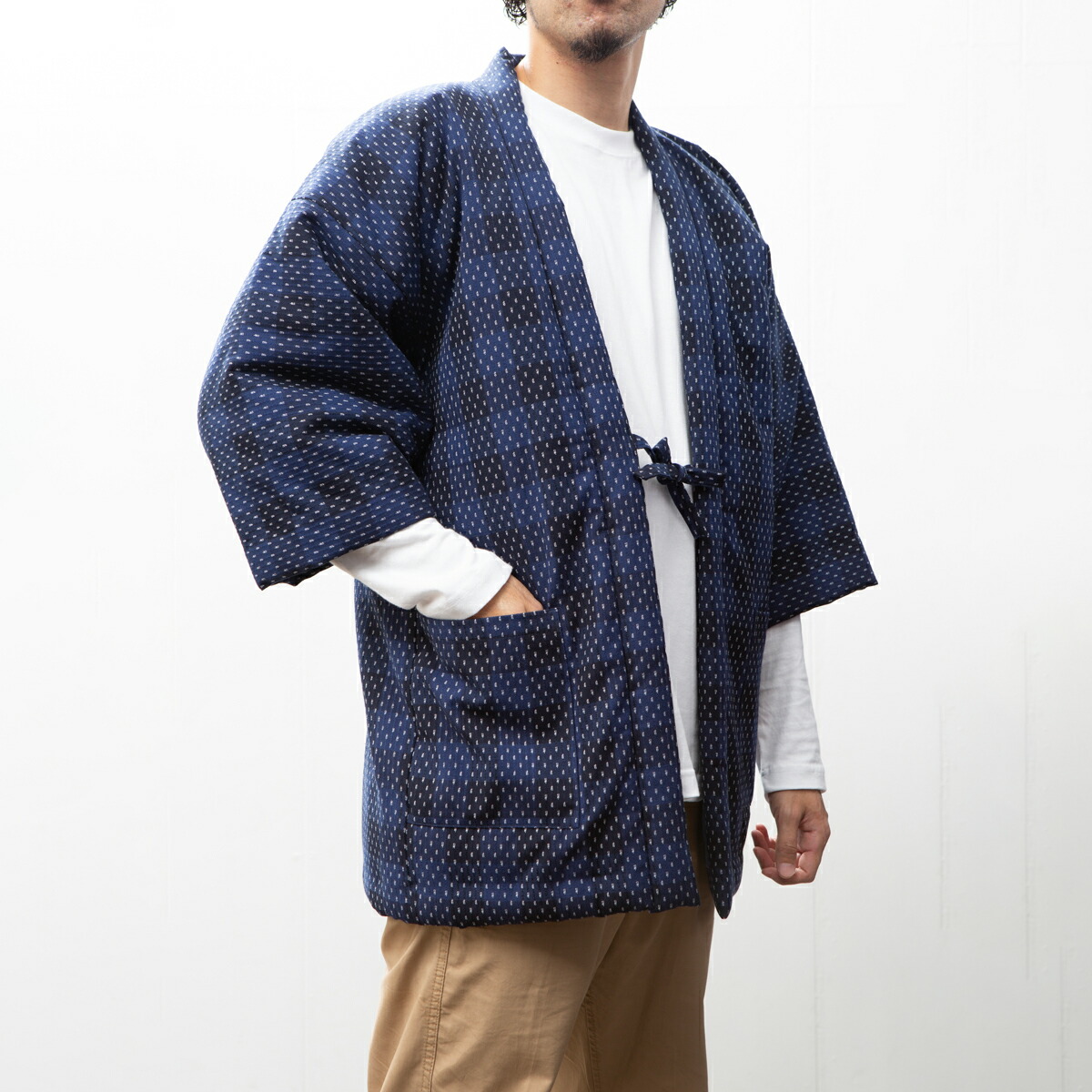 手詰め中綿はんてん ドビー織あられ格子柄 男性用<日本製久留米産>袢纏 半天 どてらちゃんちゃんこ 丹前