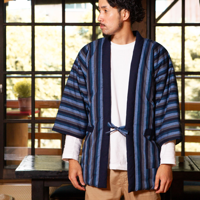 日本製 久留米綿入れはんてん 男性用 特許 前合わせ兼用 紬織 かつお縞