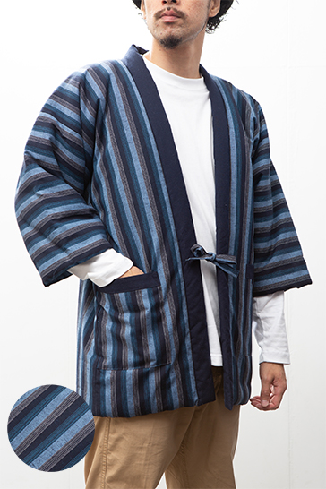 日本製 久留米綿入れはんてん 男性用 特許 前合わせ兼用 紬織 かつお縞
