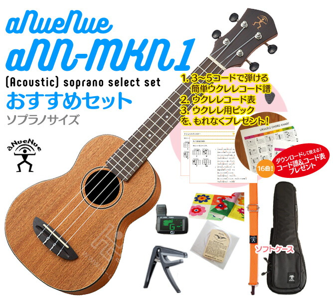 【送料無料】aNueNue aNN-MKN1 ソプラノ ウクレレ おすすめセット ウクレレケース、ウクレレ チューナー、ウクレレ ストラップ、ウクレレ 弦、ウクレレ カポ、クロスが付いたおすすめセット さらにコード表、コード譜、ピックをプレゼント!!