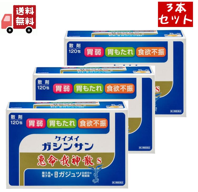 送料無料 3個セット【第2類医薬品】恵命我神散散剤３Ｇ×１２０包×3個セット　胃腸薬　食欲不振　胃部・腹部膨満感　消化不良　胃弱　食べ過ぎ　飲み過ぎ　胸やけ　胃もたれ　胸つかえ　はきけ