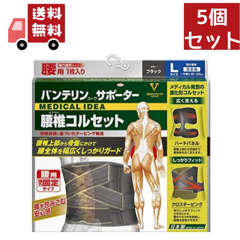 送料無料 5個セット バンテリンサポーター 腰椎コルセット　大きめサイズ Lサイズ（1枚入り） へそ周り80 100cm ブラック　男女兼用【正規品】
