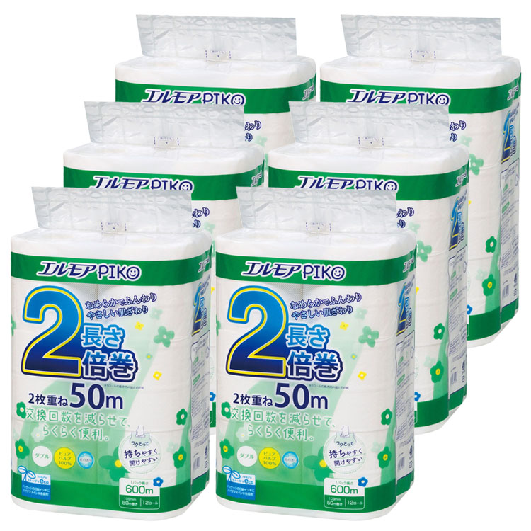 【6個セット】トイレットペーパー ダブル 2倍 エルモア ピコ 2倍巻き 12ロール ダブル 50m 142994 トイレットペーパー 2倍巻き パルプ ソフト 香り ピコ 12ロール 大容量 長持ち 国産 エルモア