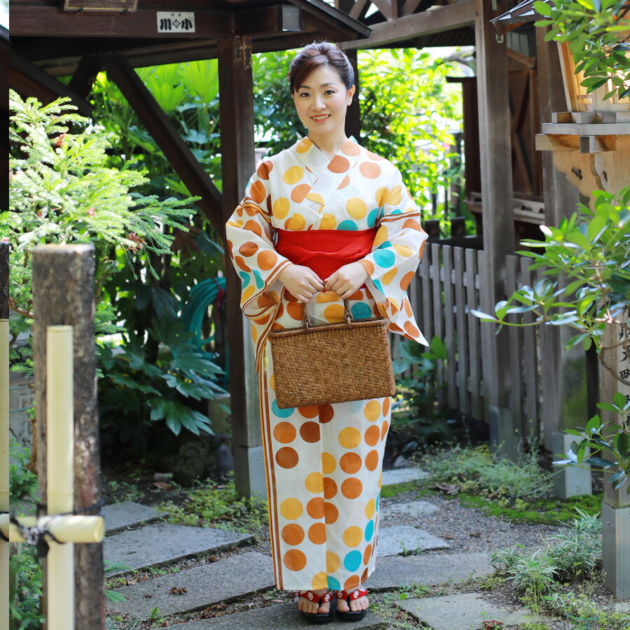 レディース 浴衣 単品 幾何学 白系 ゆかた 高級 綿麻麻混 水玉 和服