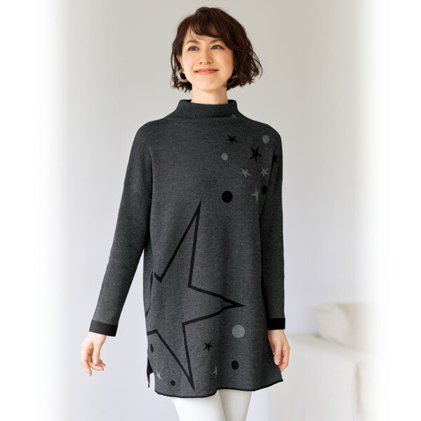 チュニック トップス レディース 春 星柄ジャカードニットチュニック 40代 50代 60代 70代 ミセスファッション シニアファッション 服 Sale開催中