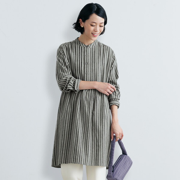 チュニック 大人可愛い おしゃれ 春 秋冬 ミセス シニア ファッション 40代 50代 60代 70代 微起毛ジャカード縞織 シャツチュニック