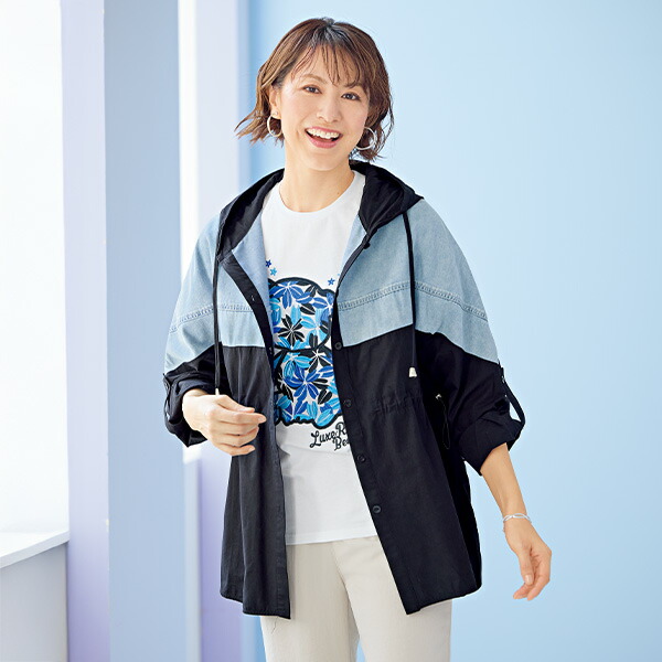 ジャケット アウター レディース おしゃれ 春夏 ミセス シニア ファッション 40代 50代 60代 70代 デニム切替えフード付きシャツジャケット