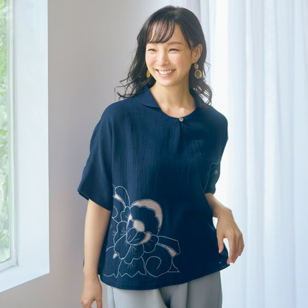 プルオーバー トップス レディース おしゃれ 春夏 ミセス シニア ファッション 40代 50代 60代 70代 80代 襟付花柄刺しゅうプルオーバー