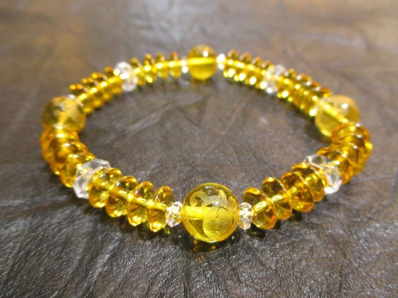 パワーストーン・京都/【四神獣(玄武・青龍・朱雀・白虎)】彫刻【黄水晶】１０ｍｍ【そろばん珠黄水晶】【ボタンカット水晶】ブレスレット、桐箱付き【天然石の京屋】｜パワーストーン京屋