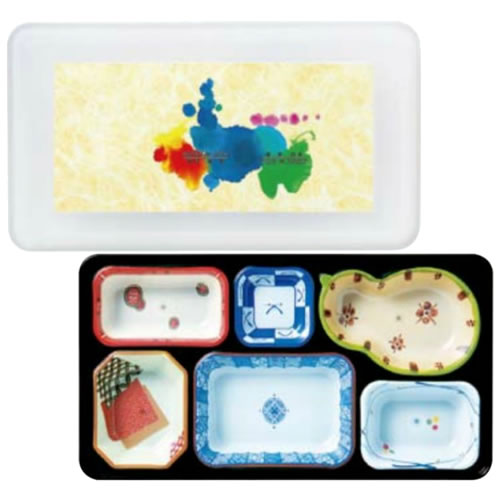 [10セット入り]PP 副食固定仕切容器 B柄(副食・陶器図柄・固定仕切・六ツ仕切) 307Ｘ171mm H51.5mm [F-302-PP-B/F-301A蓋] アズミ産業 器美の追求 業務用 配色容器 副食容器 宅配弁当 プラスチック｜食器の通販 KYOEI
