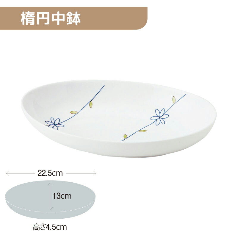 ※5セット※軽量強化磁器 楕円中鉢 225Ｘ130mm H45mm 570cc ラインフラワー(青) [818-MNDT] おかるのキモチ。 業務用 楕円皿 深皿 オーバル ハーフカレー パスタ 持ちやすい 磁器 食器 丈夫 軽量食器 食洗機OK okaru-MNDT
