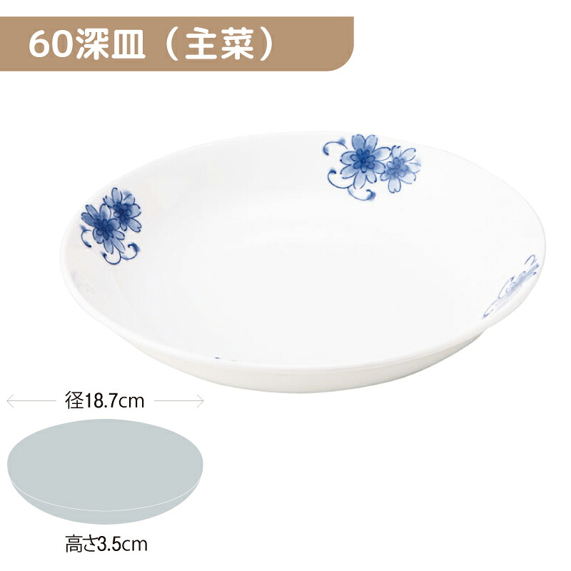 ※5セット※軽量強化磁器 60深皿(主菜) 直径187mm H35mm 550cc 藍染唐草 [83J-MP6F] おかるのキモチ。 業務用 18.7cm 主菜皿 19cm 丸皿 丸深皿 煮物 煮込み 料理 メイン 磁器 食器 丈夫 軽量食器 食洗機OK okaru-MP6F