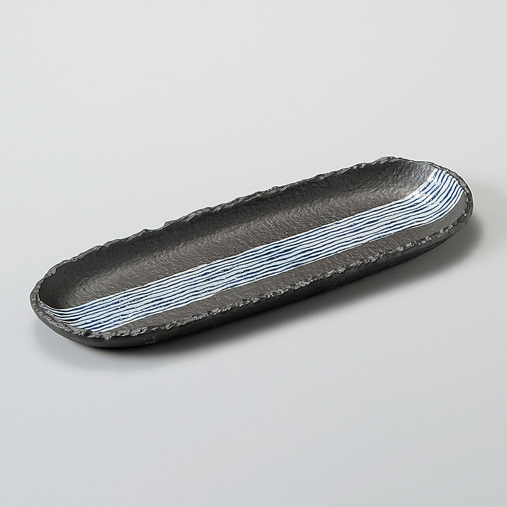 【5点セット販売】強化セラミック 黒釉ストライプ10.0楕円長皿 (30.3×11.1×2.3cm) UTSUWA[118-5-727] 日本製 和食器 KYOEI陶器市 代引不可