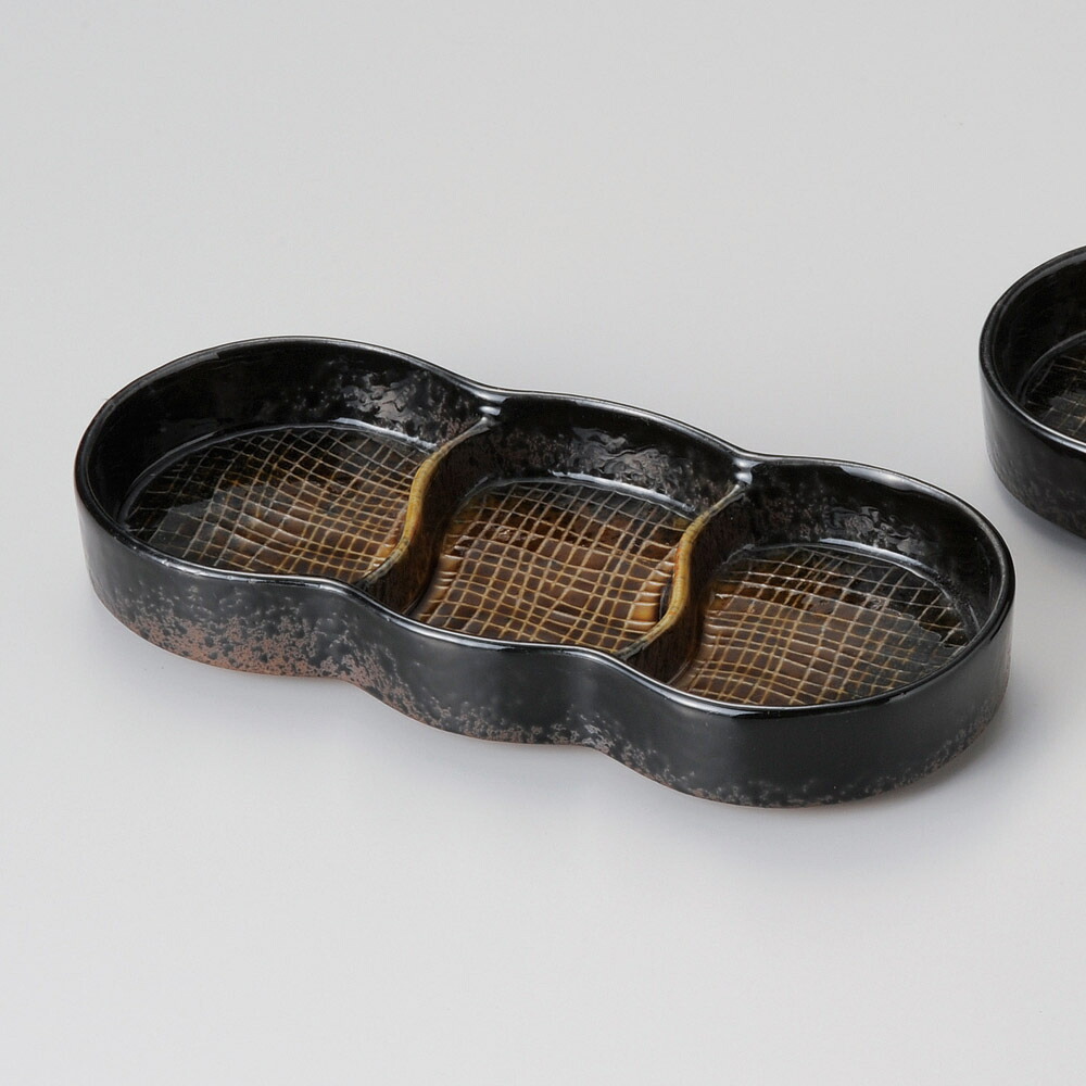 【5点セット販売】強化セラミック 黒茶吹丸長三品皿 (19.2×8.7×2.8cm) UTSUWA[291-7-727] 仕切り皿 薬味入れ 日本製 KYOEI陶器市 代引不可