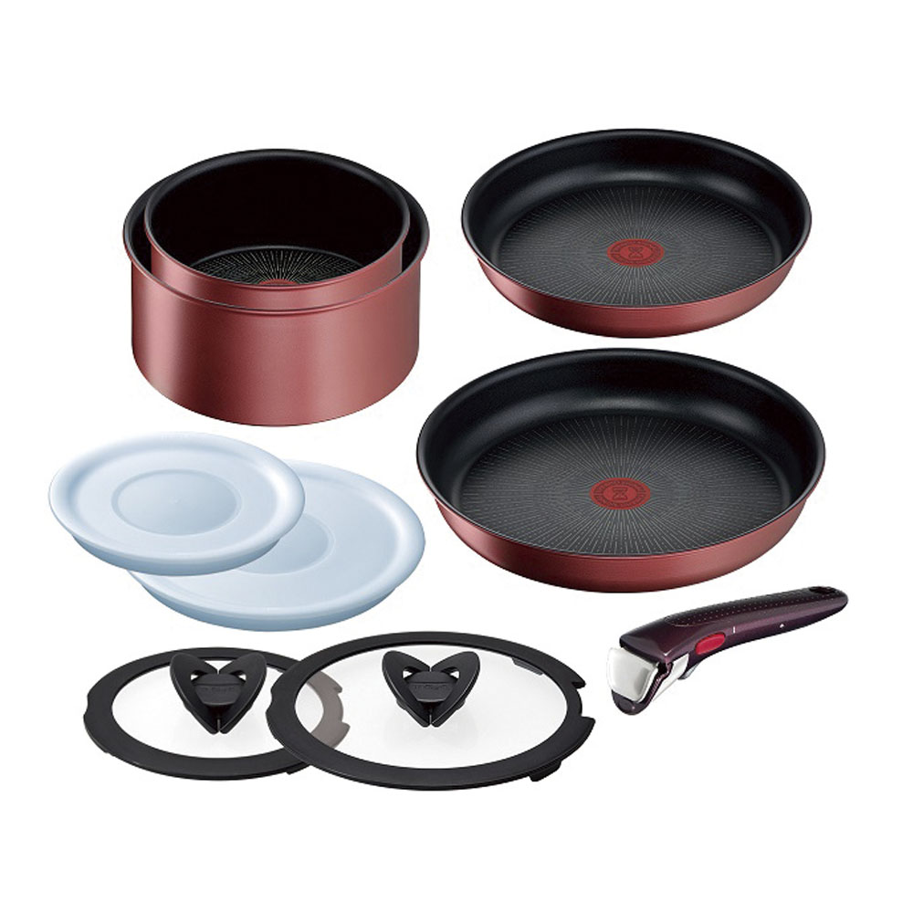 インジニオ・ネオ IHルージュ　アンリミテッドセット9 　T-fal フライパン ソースパン バタフライ ガラス蓋 シールリッド 専用取手 9点セットIH対応100V 200V (1-0056-0901)