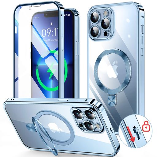 HGUTREY【スタンド機能付き・アクションボタン】iPhone13ProMax用ケースクリアロック付きCDリング・MagSafe対応9H強化ガラスPC背面カメラレンズ保護アイフォン13プロマックスケース両面